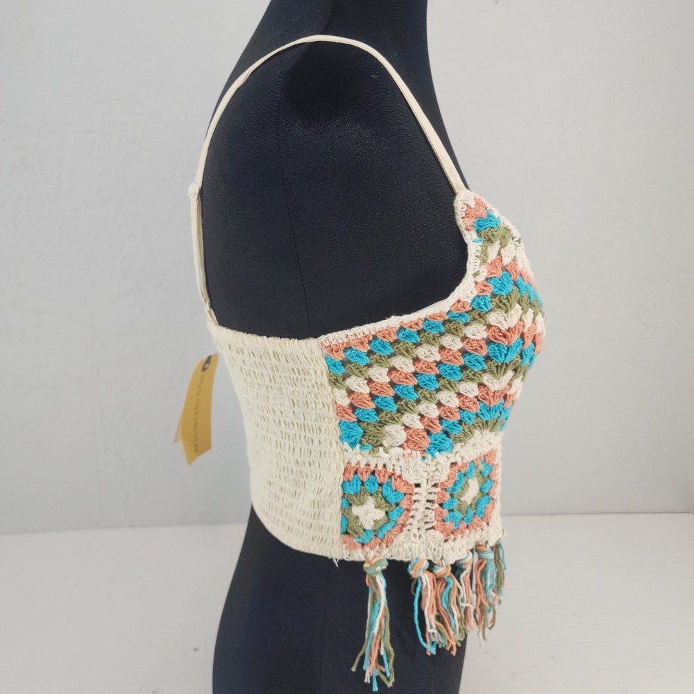 NWT Handmade Medium | Crochet Fringe Boho Festival Crop Top Cream Multi - Picture 3 of 7